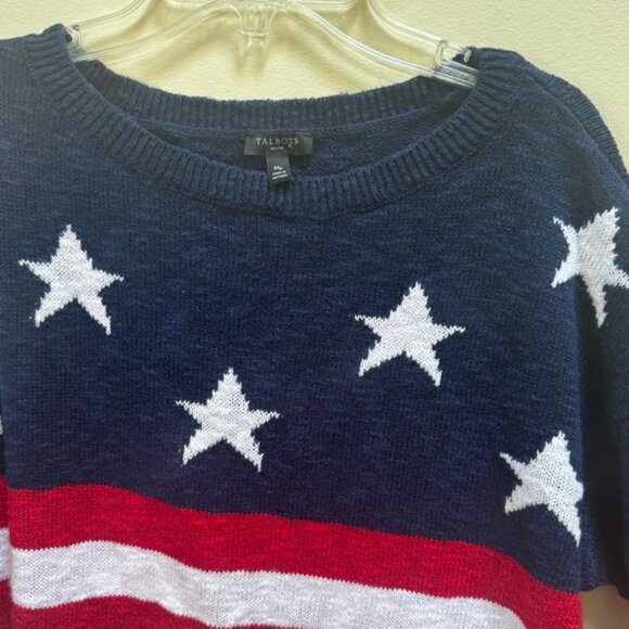 Talbots NEW Stars Stripes Linen Cotton Sweater USA Lightweight Knit Crew Slits M - Picture 4 of 16